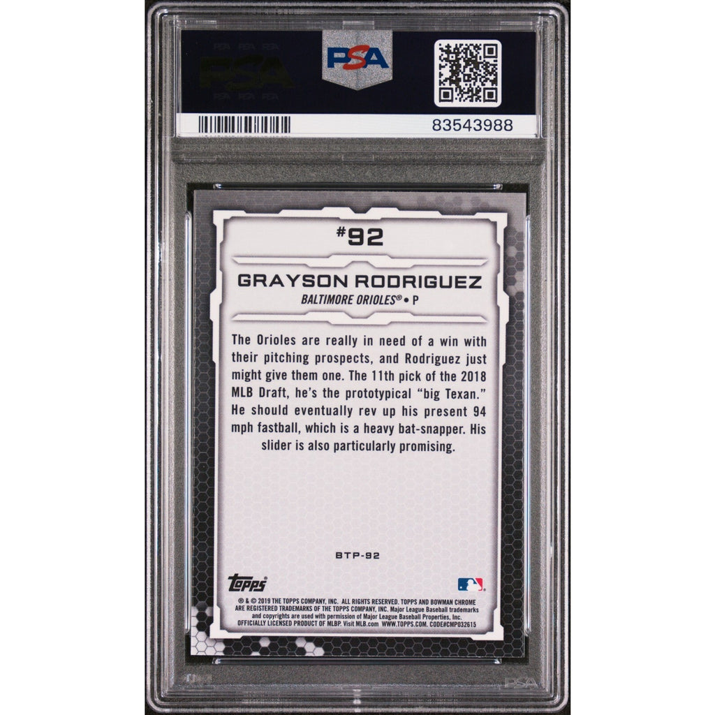 Back view of 2019 Bowman Chrome Grayson Rodriguez auto rookie card BTP92 PSA 9