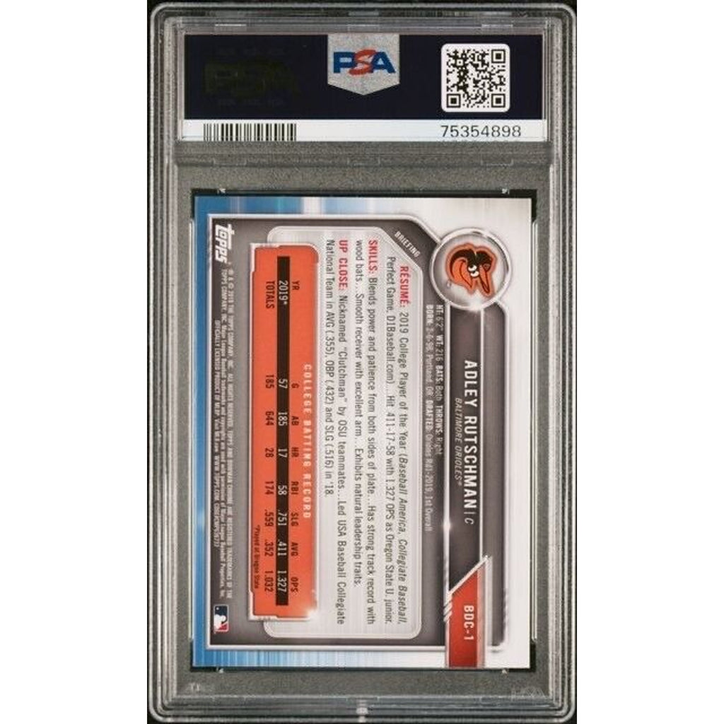 Back view of 2019 Bowman Draft Chrome Adley Rutschman rookie baseball card graded PSA 10 Gem Mint