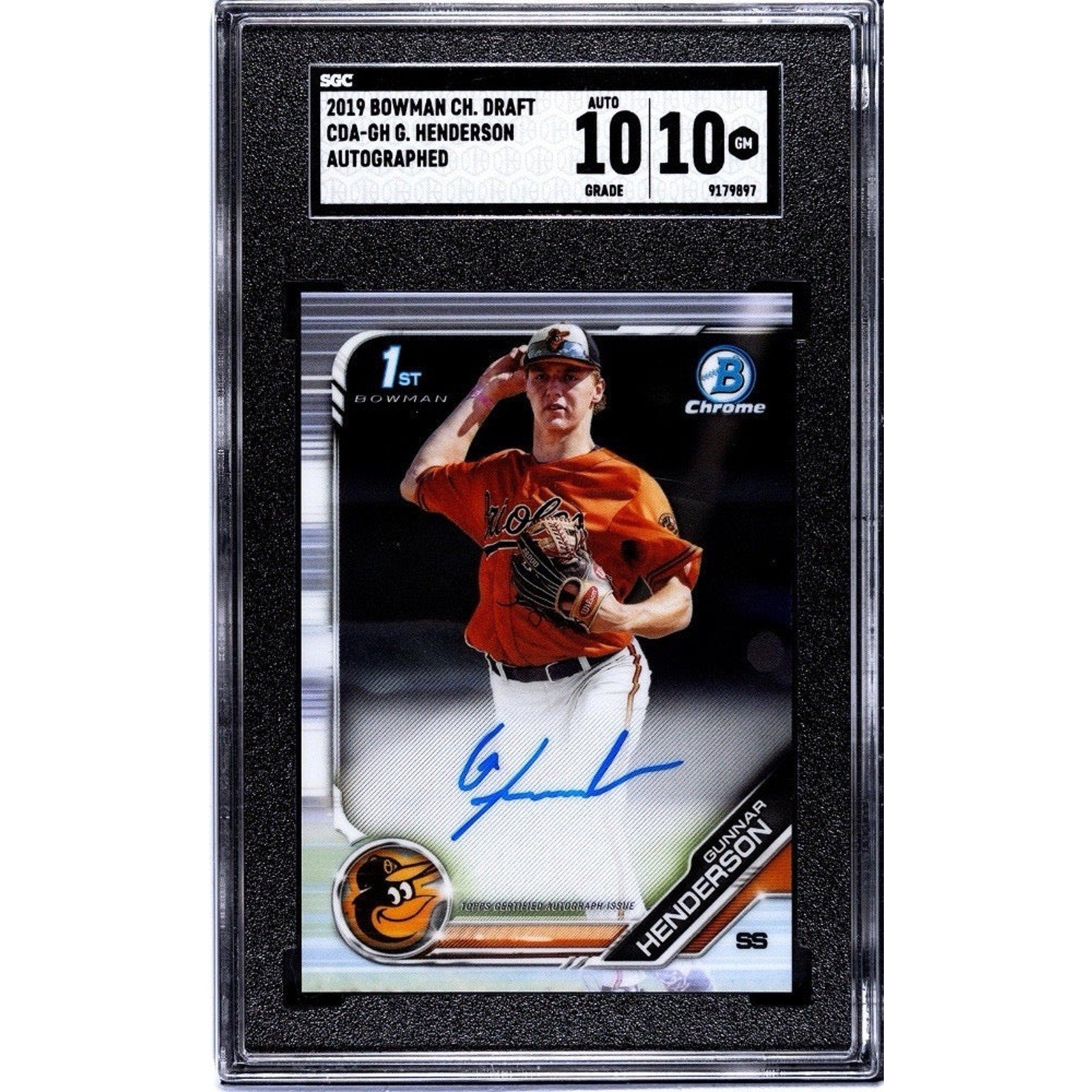 2019 Bowman Draft Chrome Gunnar Henderson 1st Bowman autograph card SGC 10 front view