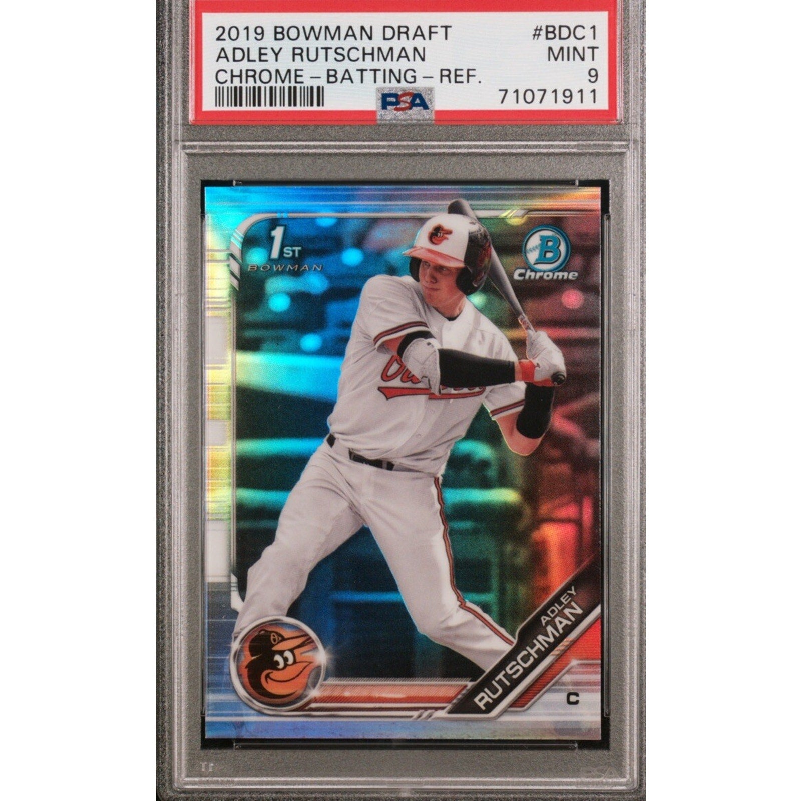 2019 Bowman Draft Chrome Adley Rutschman Refractor rookie card #BDC-1 PSA 9 front view