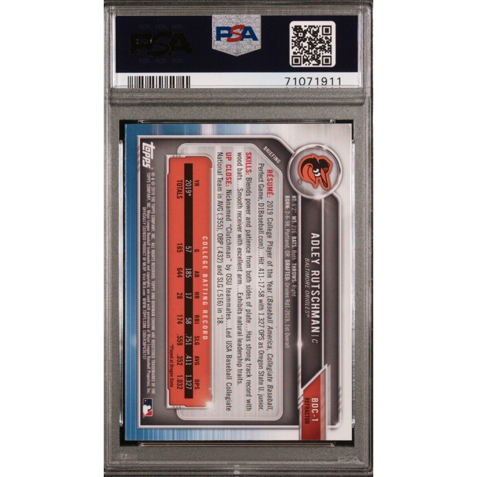 Back view of 2019 Bowman Draft Chrome Adley Rutschman Refractor rookie card PSA 9