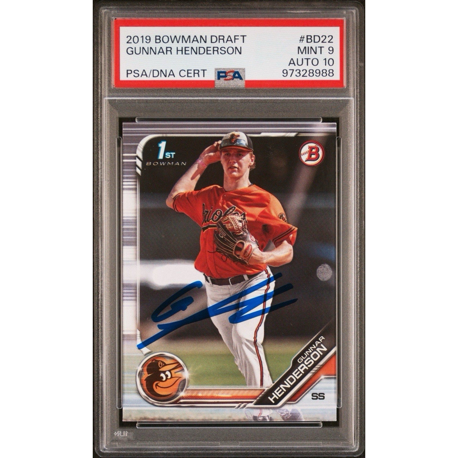 2019 Bowman Draft Gunnar Henderson 1st Bowman rookie autograph card PSA 9 Auto 10 front view