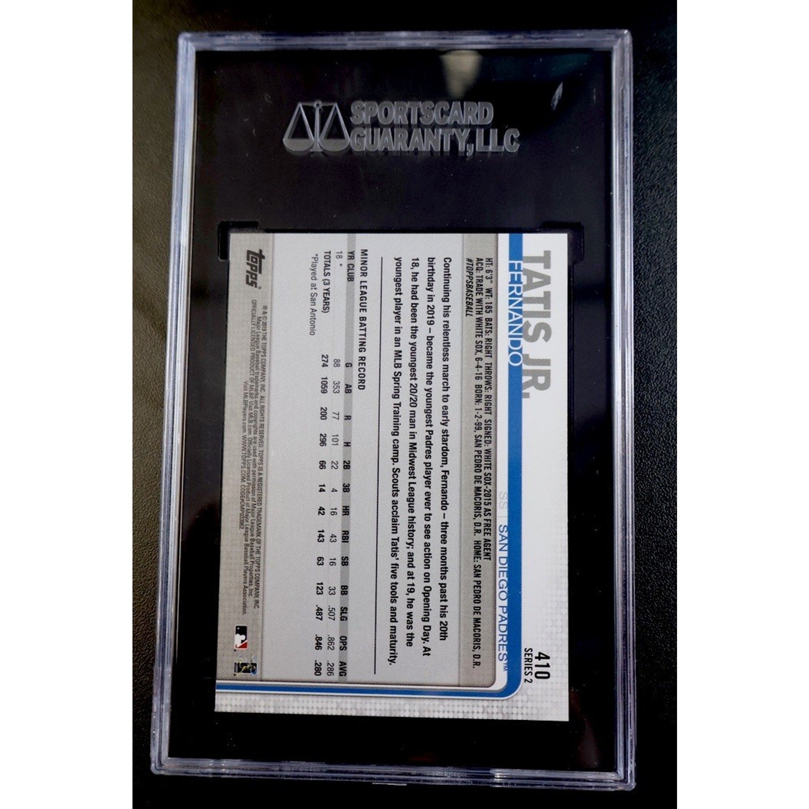 Baseball card in a protective case with 'Sportscard Guaranty, LLC' logo