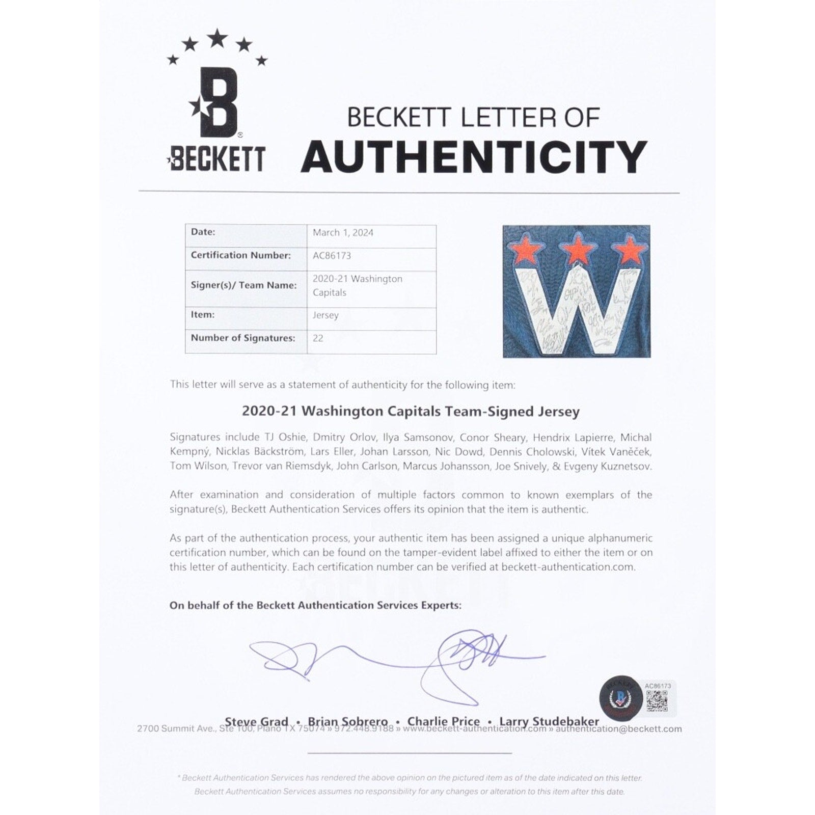 Beckett letter of authenticity for Washington Capitals team signed jersey