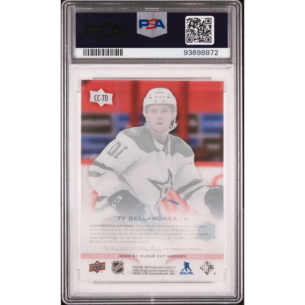 Back view of Ty Dellandrea 2020-21 Upper Deck Clear Cut rookie autograph card