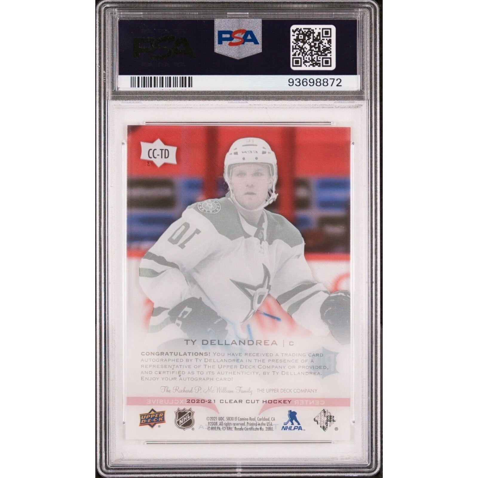 Back view of Ty Dellandrea 2020-21 Upper Deck Clear Cut rookie autograph card