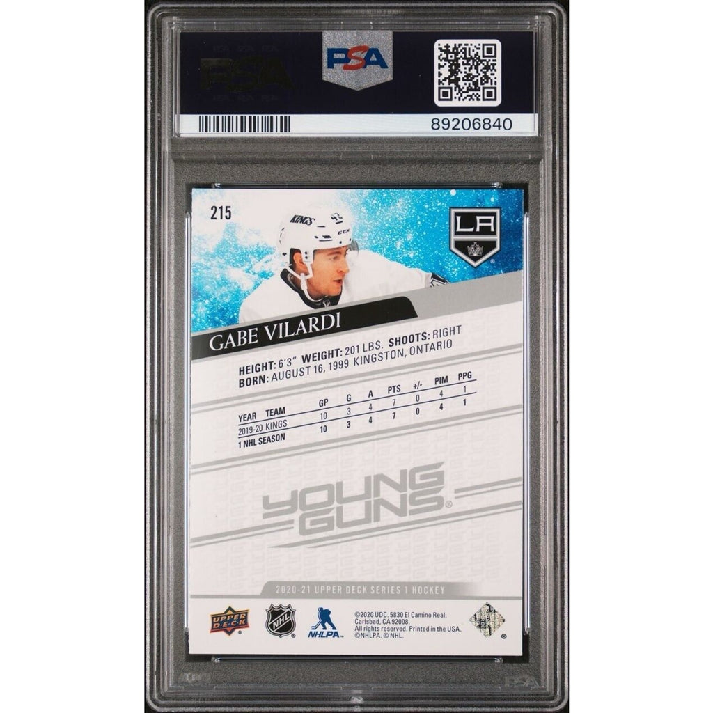 Back of Gabe Vilardi 2020 Upper Deck Young Guns rookie hockey card PSA authenticated collectible