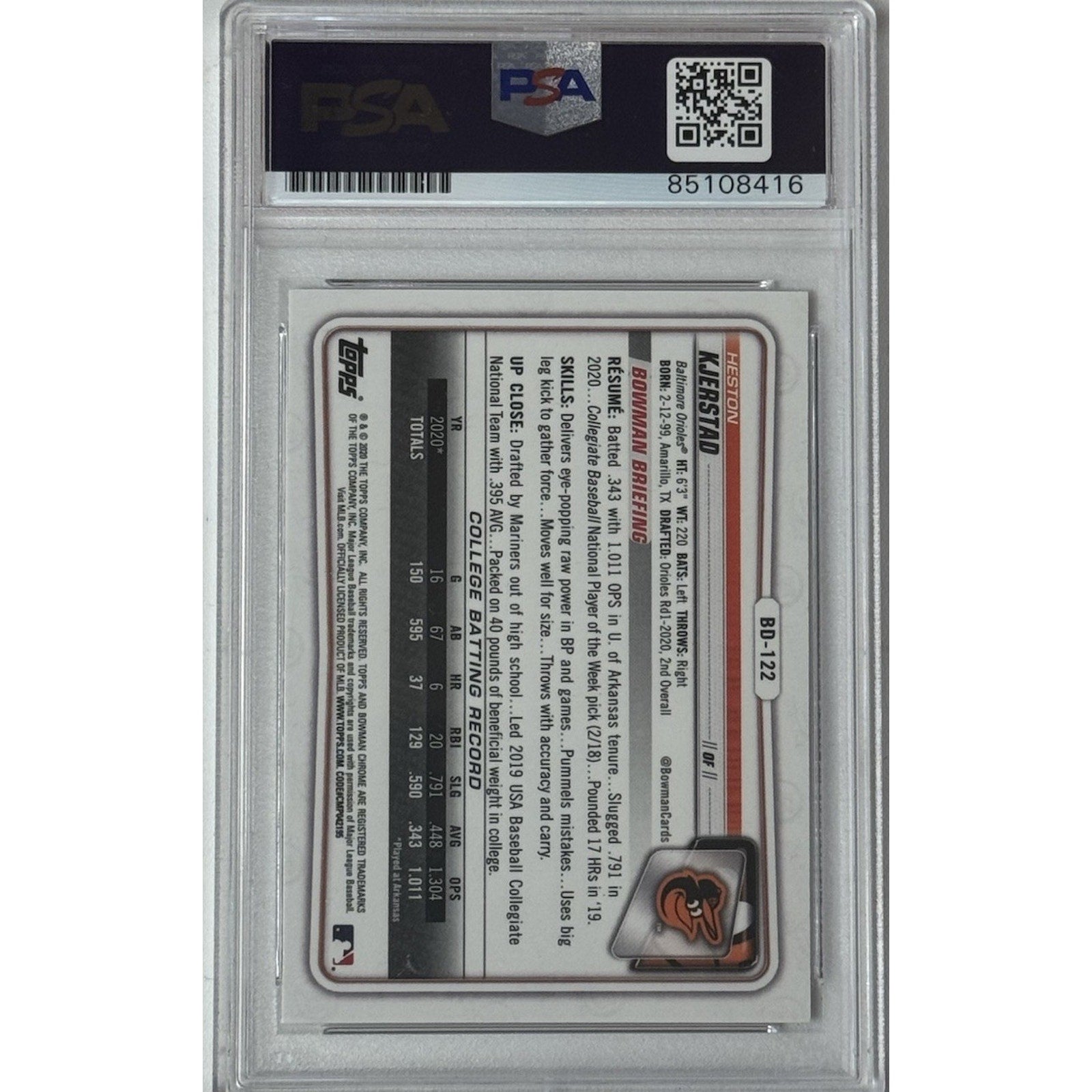 Back of 2020 Bowman Chrome Heston Kjerstad rookie autograph PSA DNA 10 card
