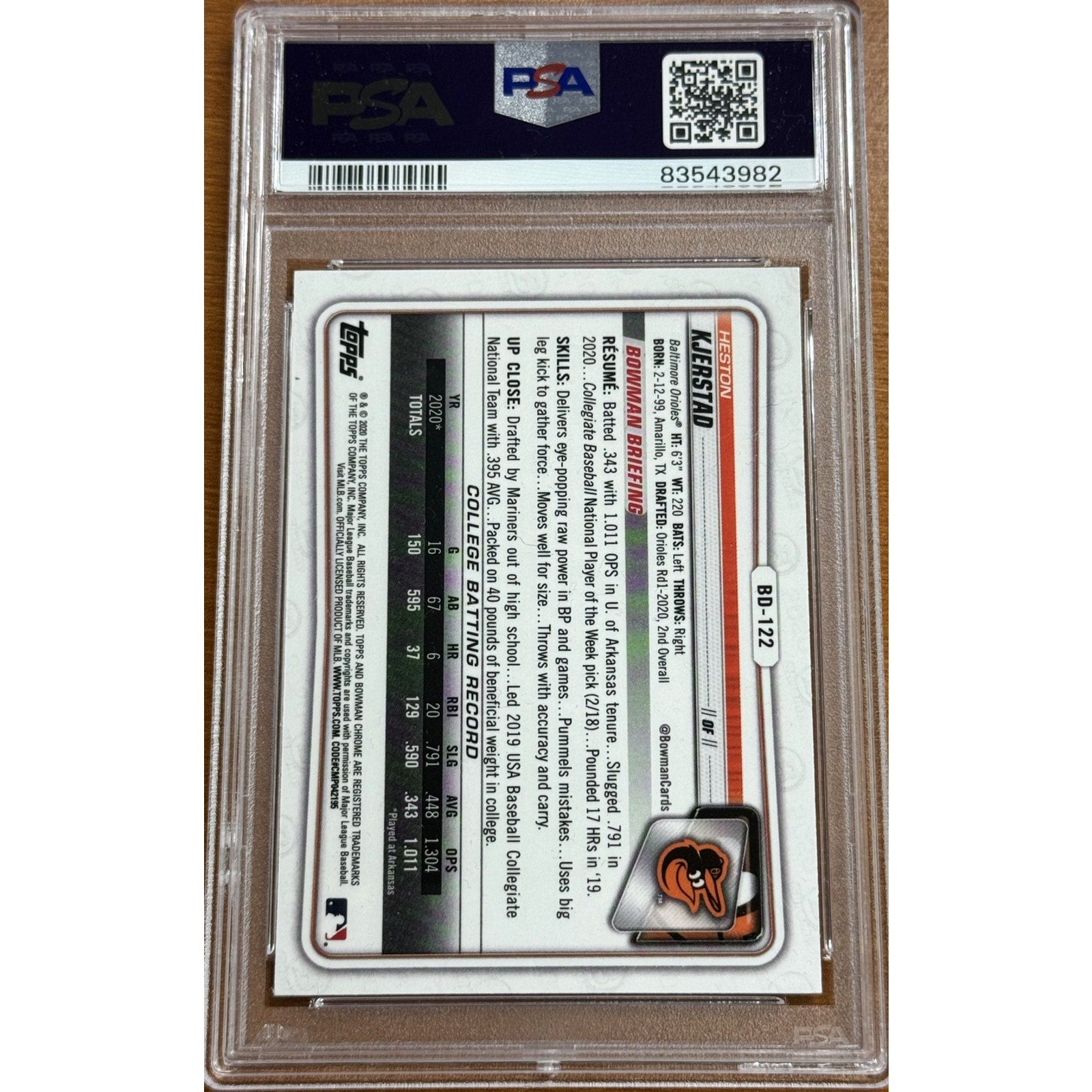 Back view of 2020 Bowman Chrome Heston Kjerstad autograph rookie card BD122 PSA DNA 9