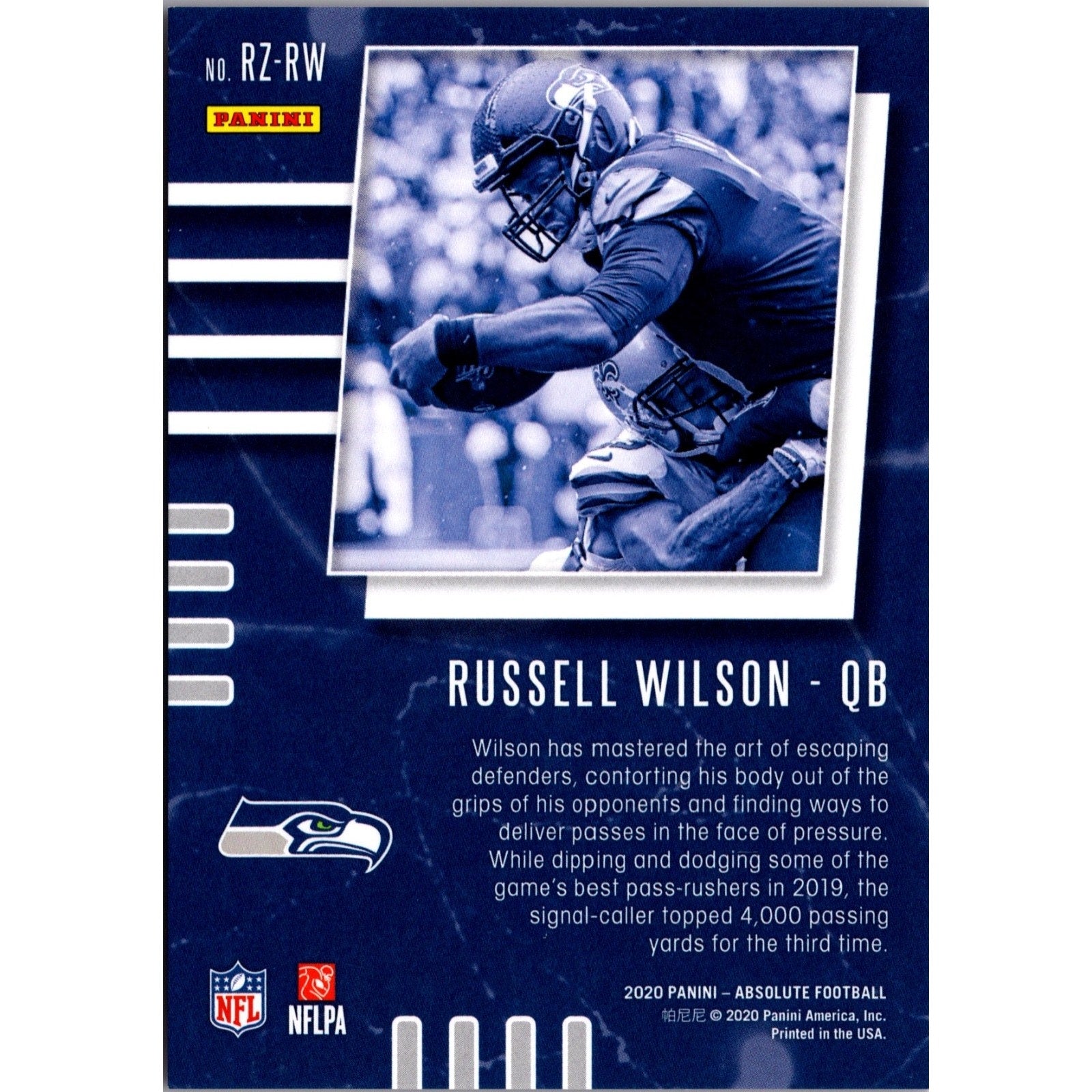 Back view of Russell Wilson 2020 Panini Absolute Red Zone #RZ-RW card