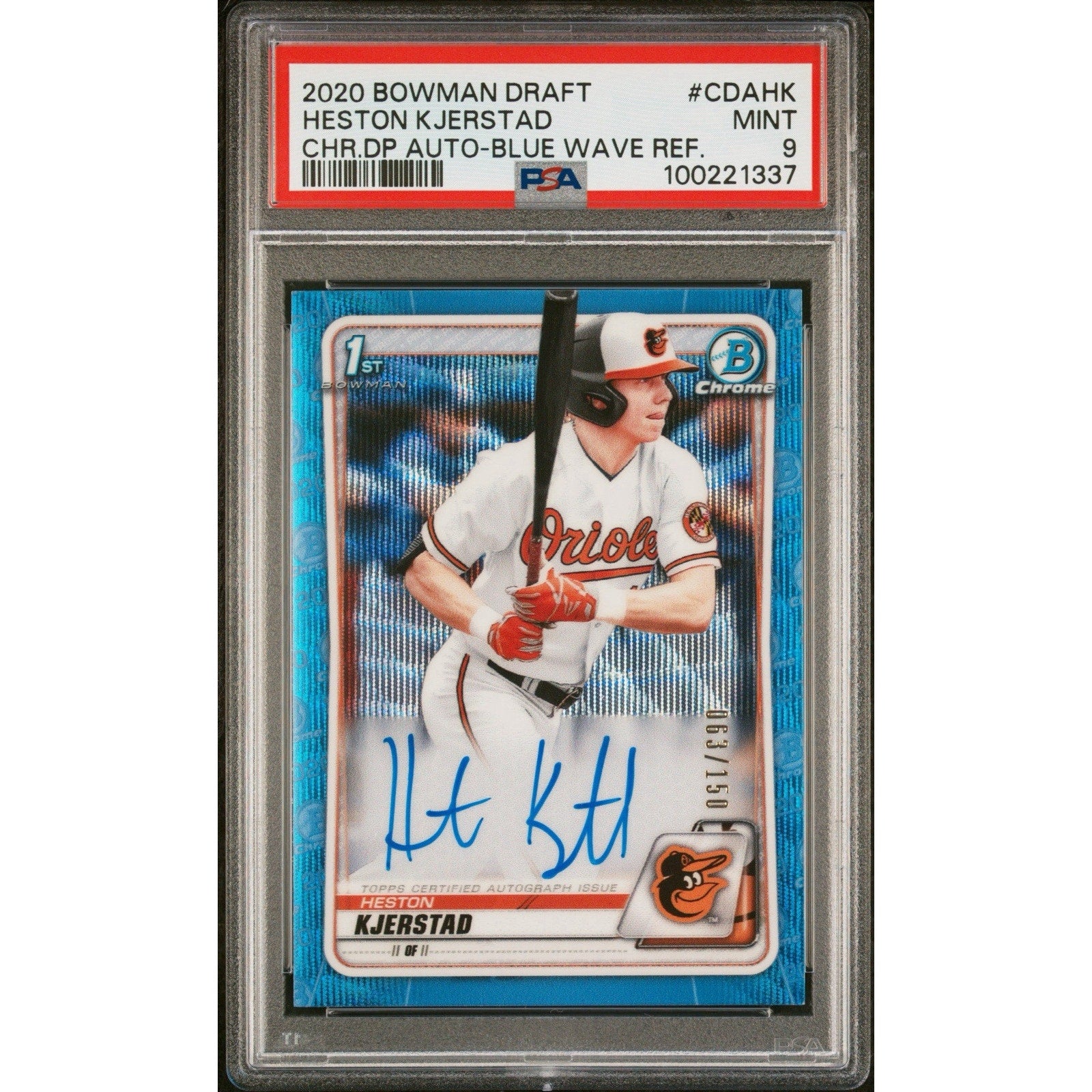 2020 Bowman Draft Heston Kjerstad Blue Wave Refractor autograph rookie card #CDA-HK /150 PSA 9 Baltimore Orioles front view