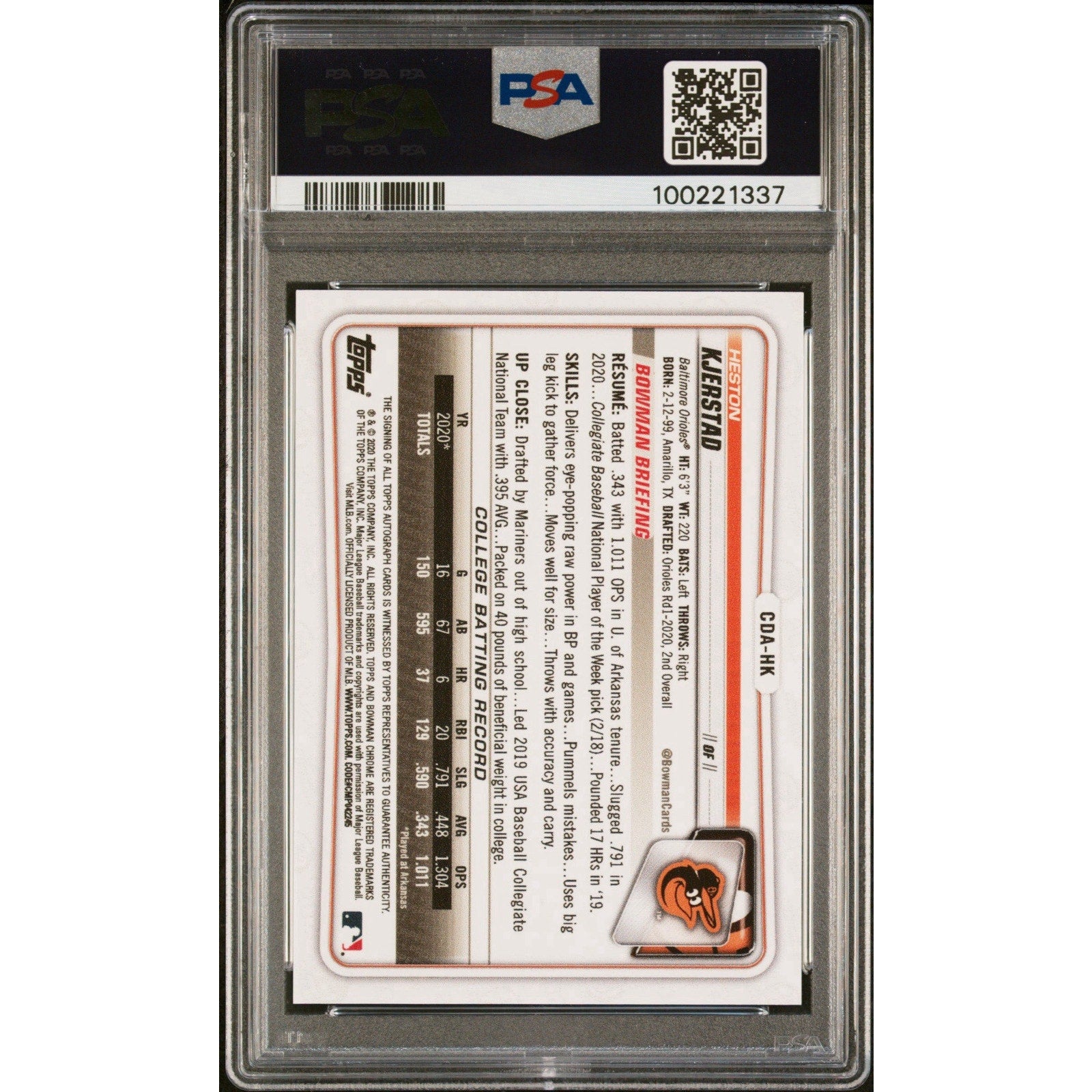 Back view of 2020 Bowman Draft Heston Kjerstad Blue Wave Refractor auto baseball card graded PSA 9 numbered to 150