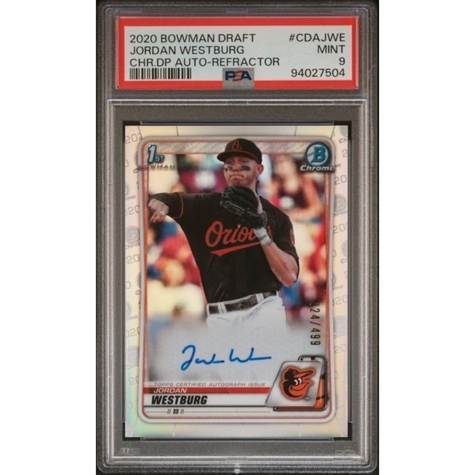2020 Bowman Draft Chrome Jordan Westburg refractor autograph PSA 9 rookie card front view