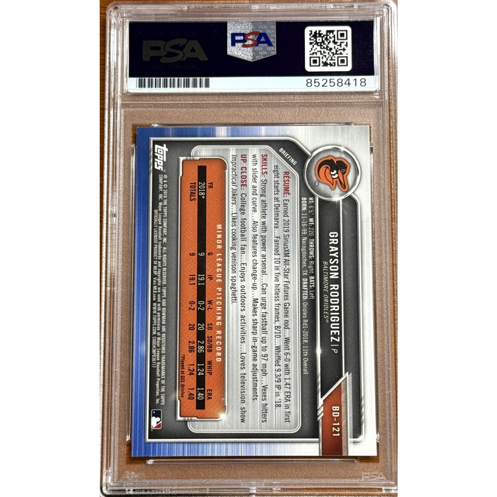 Back of PSA graded Grayson Rodriguez Bowman Draft autograph baseball card