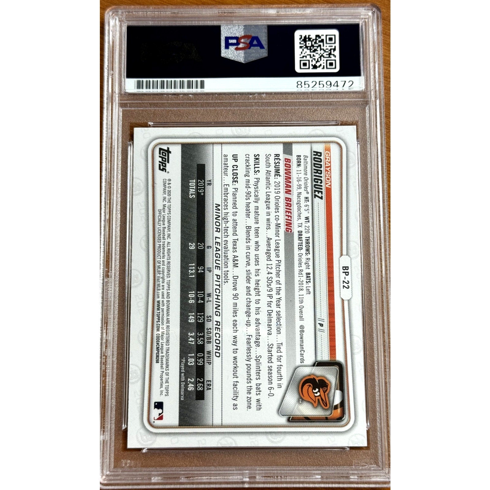 Back view of 2020 Bowman Draft Grayson Rodriguez auto rookie card PSA DNA authenticated