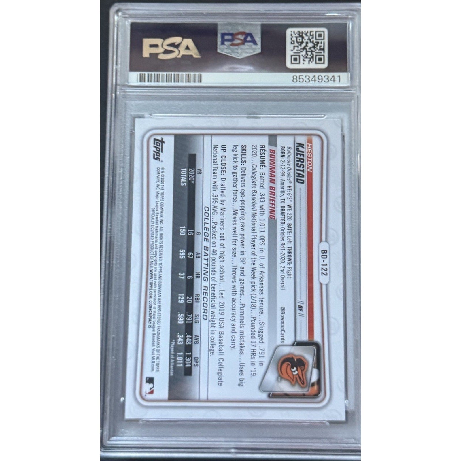 Backside of PSA slabbed Heston Kjerstad Bowman Draft rookie autograph card