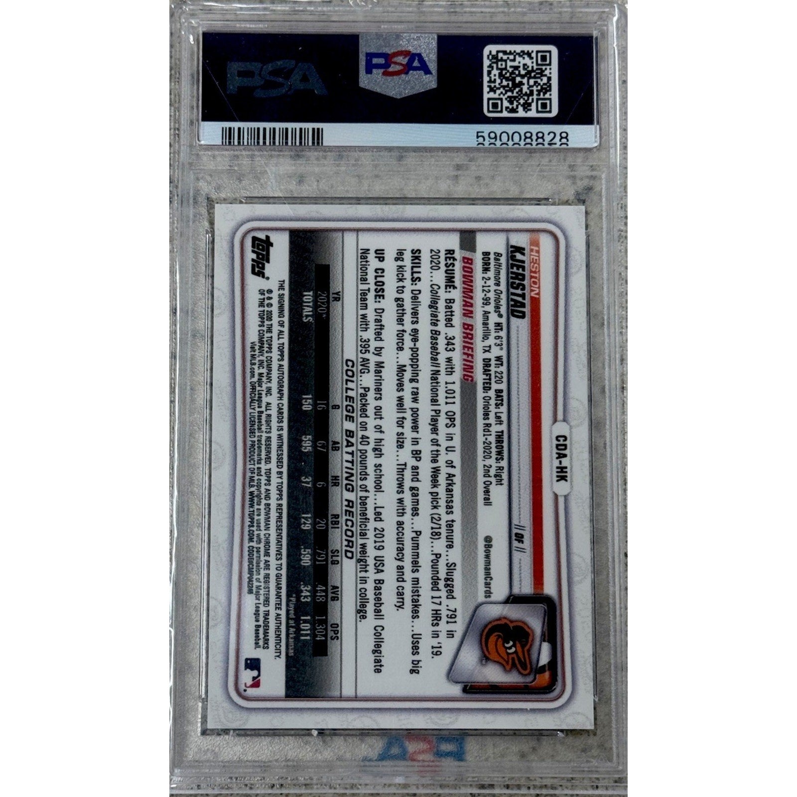 Back of Heston Kjerstad Bowman Draft Chrome Refractor autograph PSA 9 card