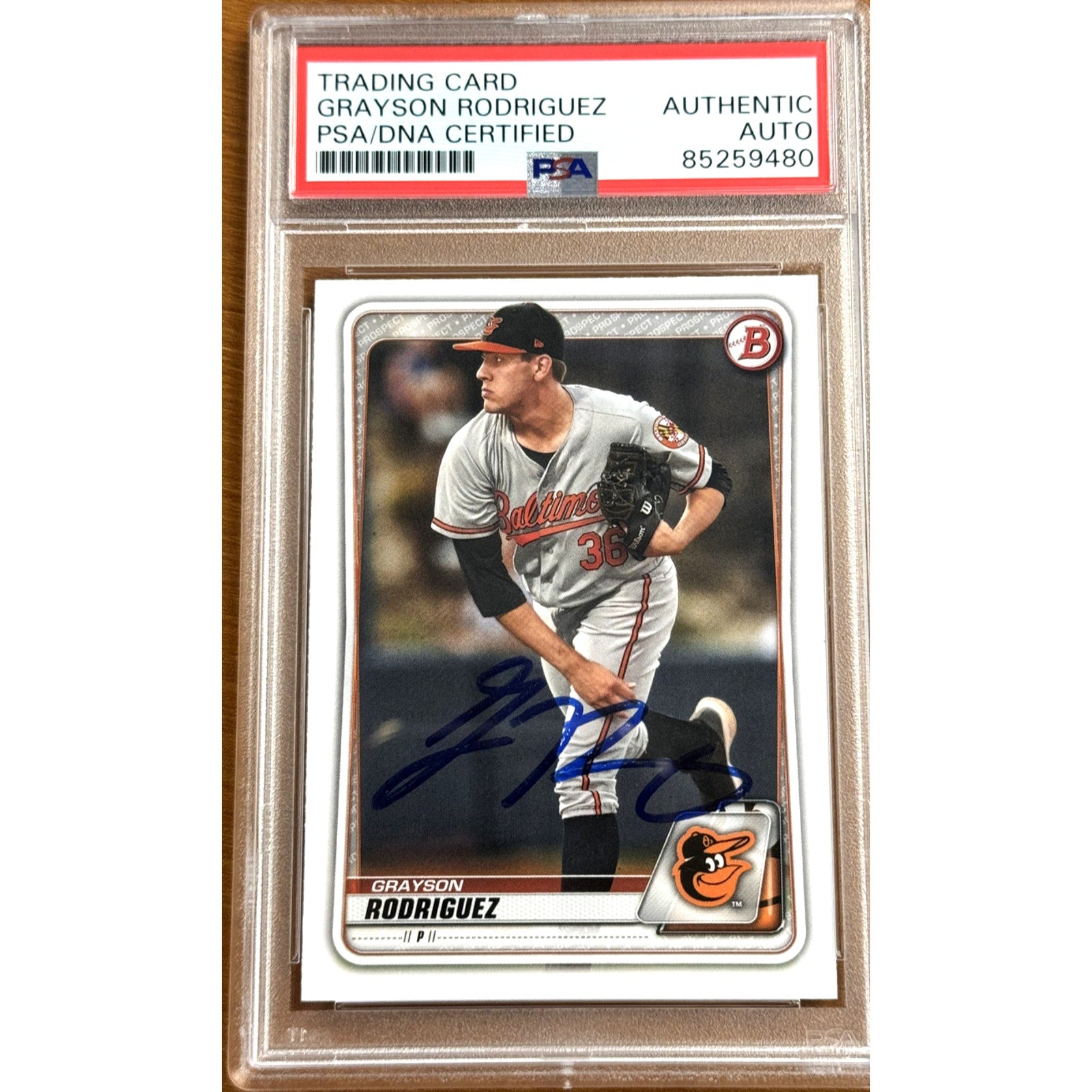 2020 Bowman Prospect Grayson Rodriguez rookie autograph card PSA DNA authenticated front view