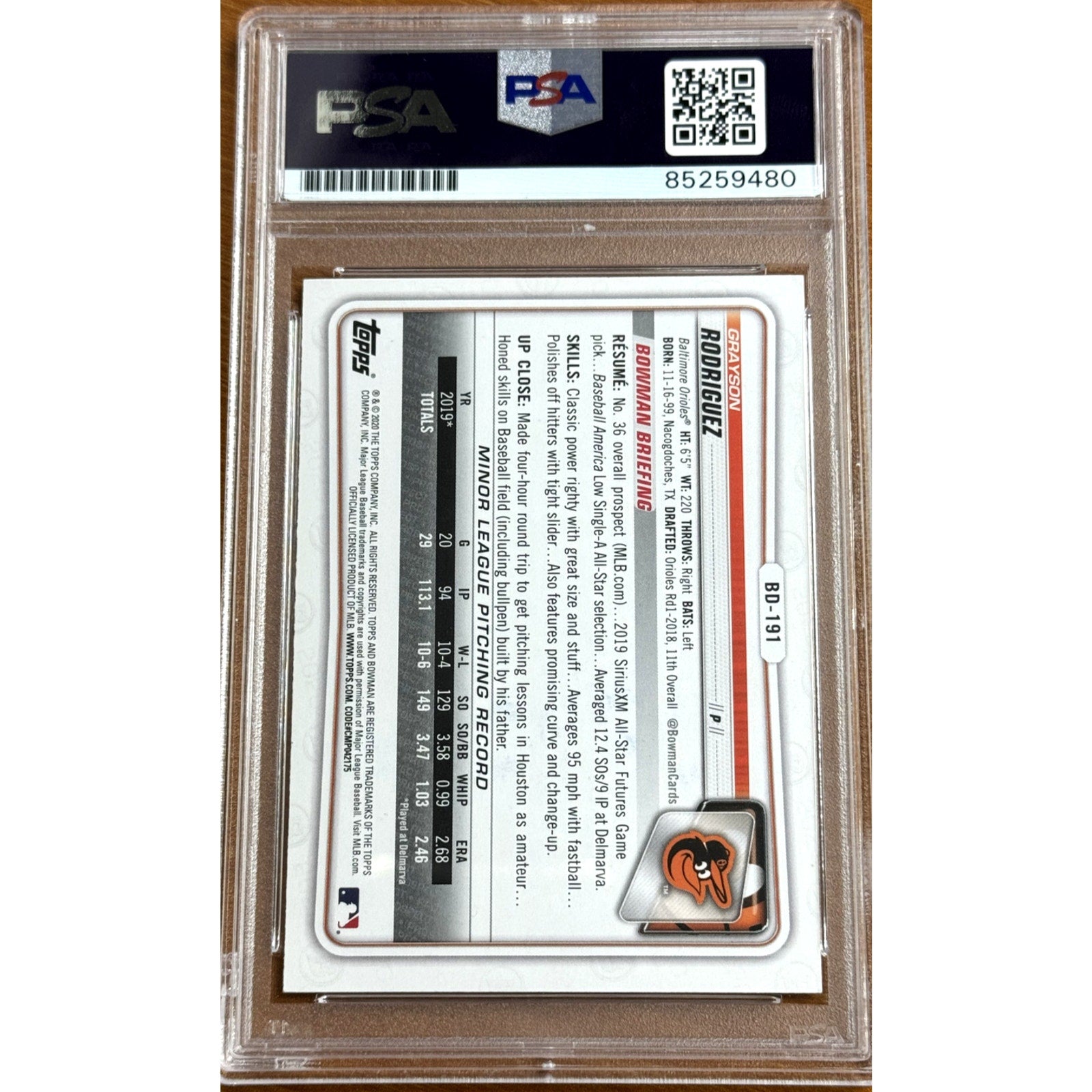 Back view of 2020 Bowman Prospect Grayson Rodriguez auto rookie card BD-191 PSA DNA authenticated