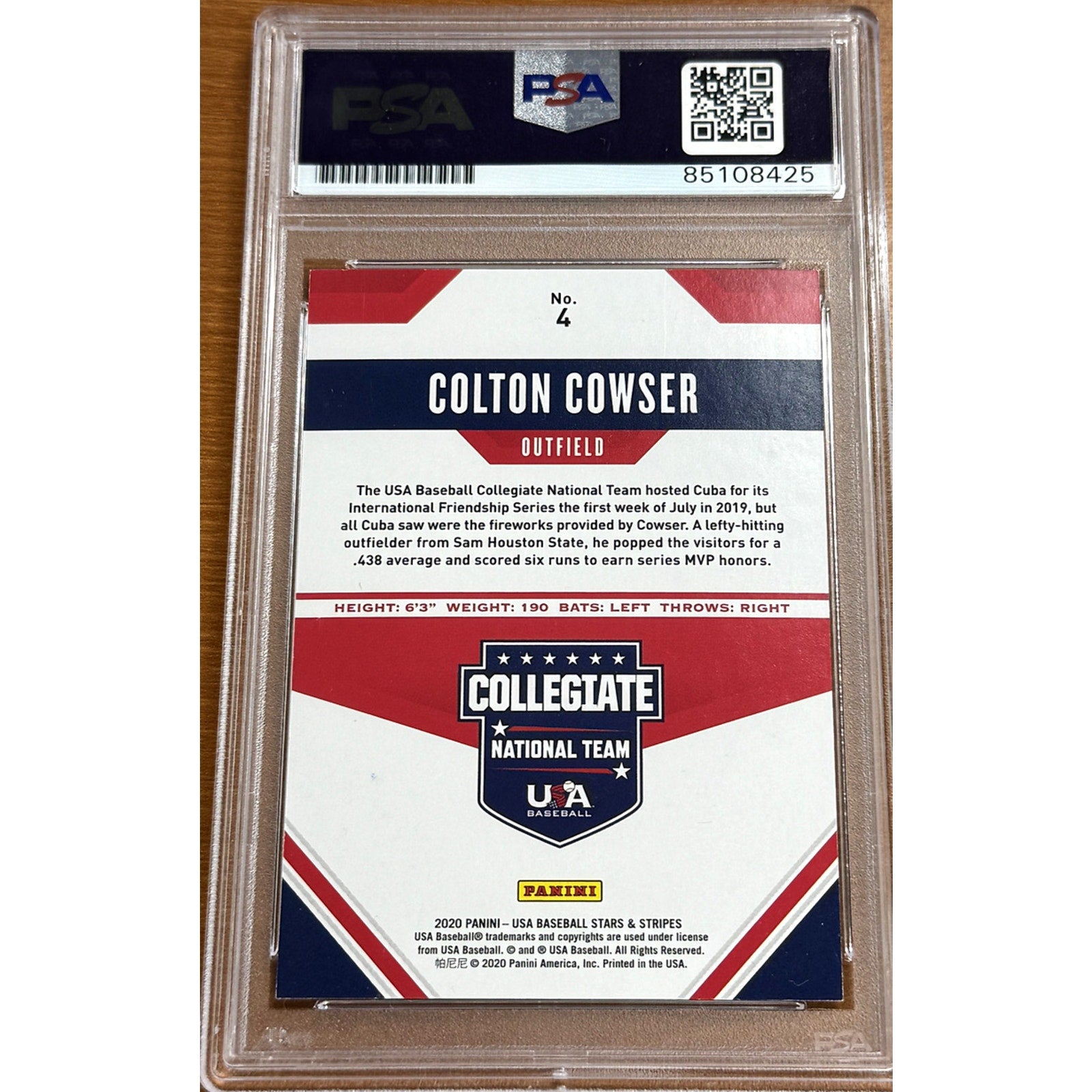Back view of 2020 Panini Stars and Stripes Colton Cowser autograph rookie card PSA DNA 10