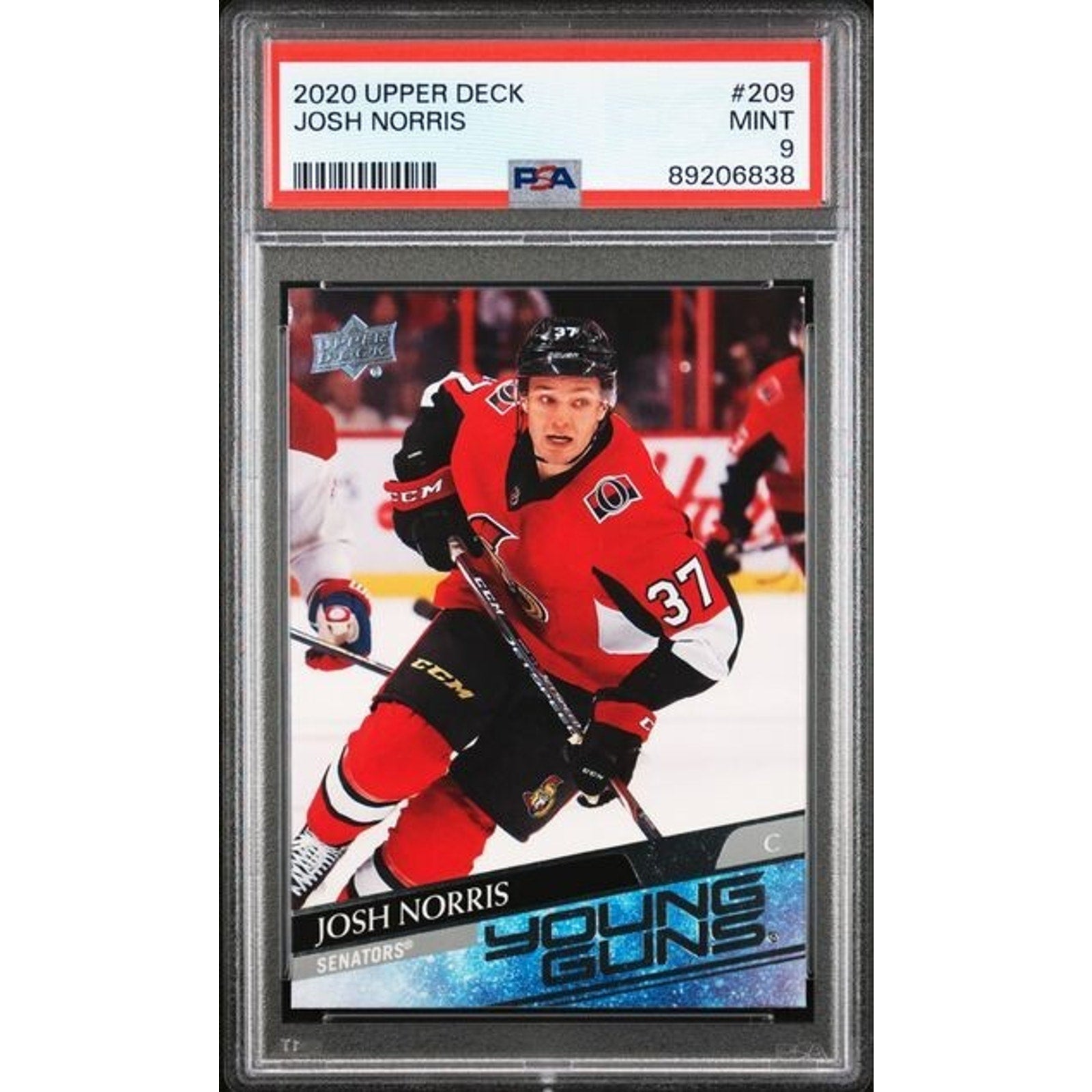 2020-21 Upper Deck Young Guns Josh Norris rookie card #209 PSA 9 front view featuring Ottawa Senators player