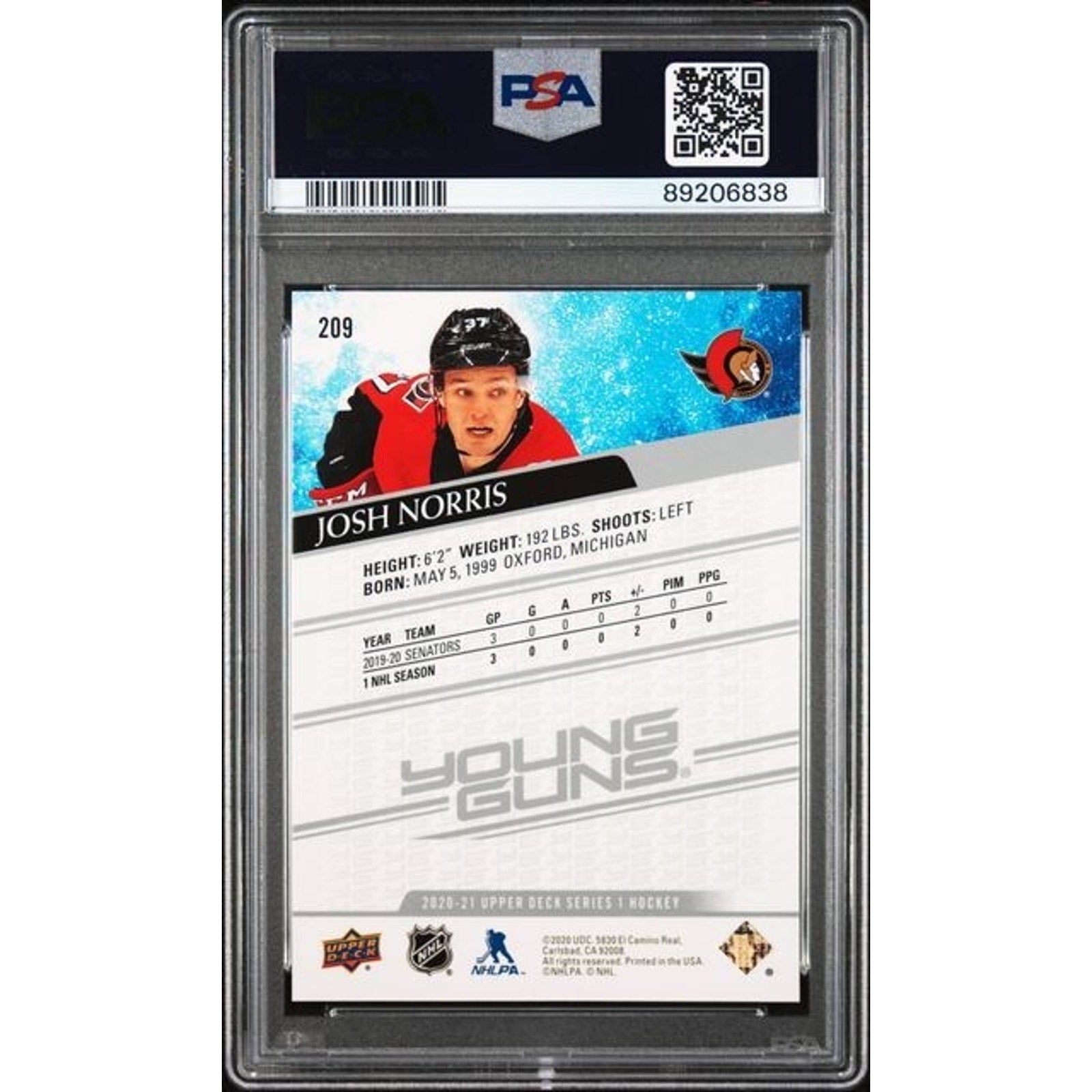 Back view of 2020-21 Upper Deck Young Guns Josh Norris rookie card #209 PSA 9