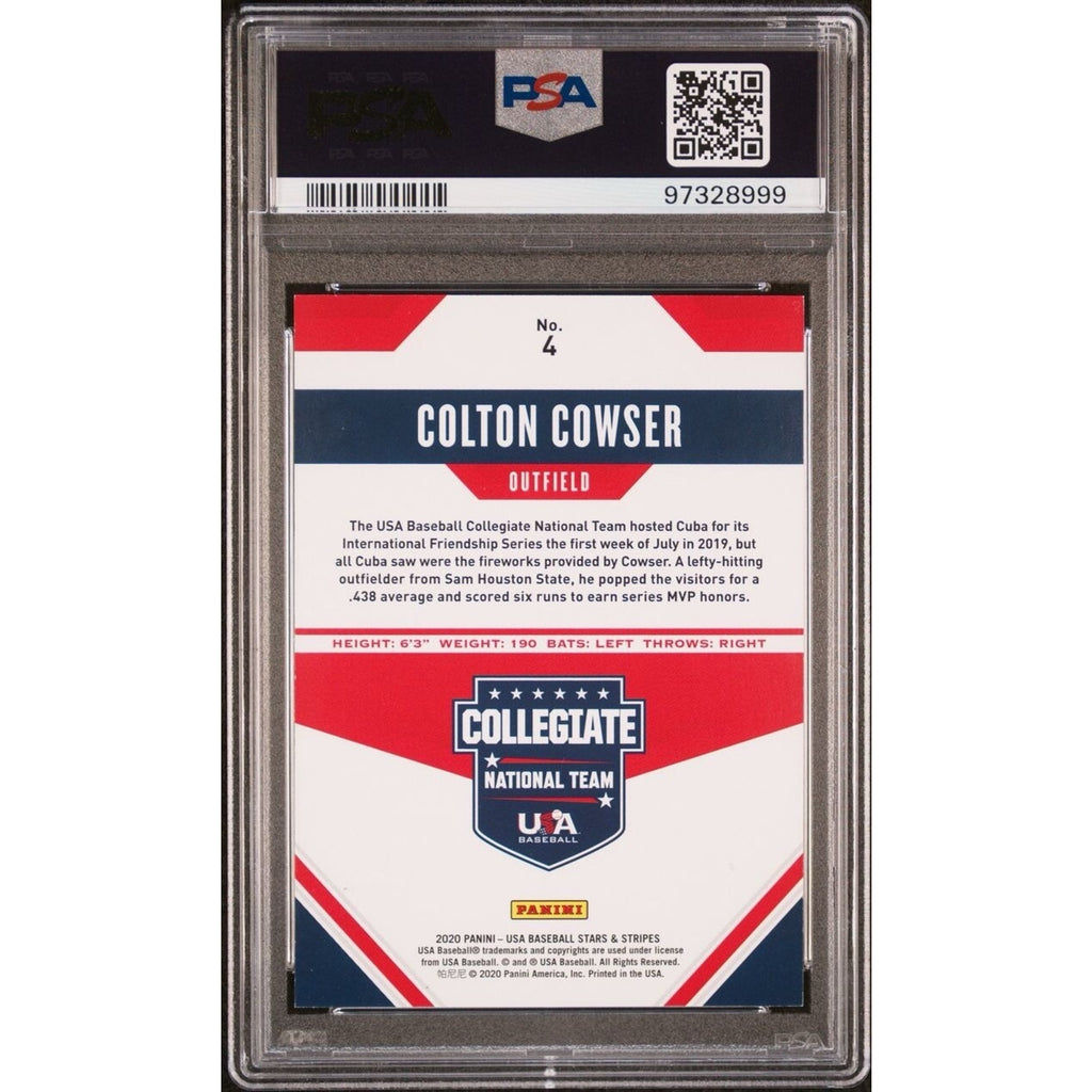 Back of 2020 Panini USA Baseball Colton Cowser signed rookie card PSA authenticated collectible