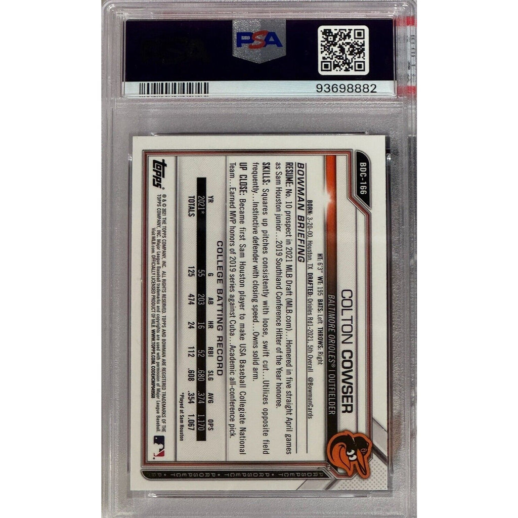 Back view of 2021 Bowman Chrome Colton Cowser autograph rookie card PSA slab