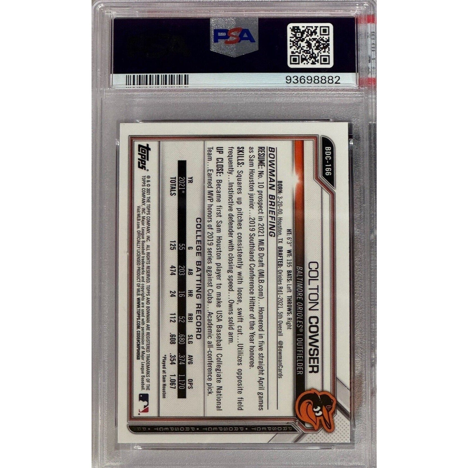 Back view of 2021 Bowman Chrome Colton Cowser autograph rookie card PSA slab