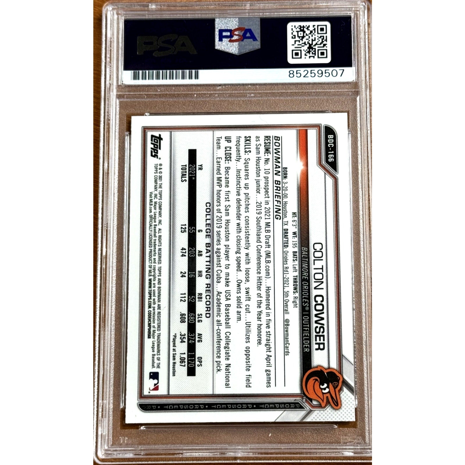 Back view of Colton Cowser 2021 Bowman Chrome PSA DNA autograph rookie card