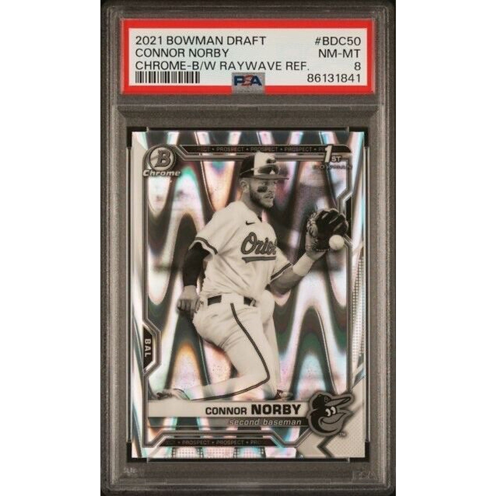 2021 Bowman Chrome Connor Norby Black and White RayWave Refractor PSA rookie card front view