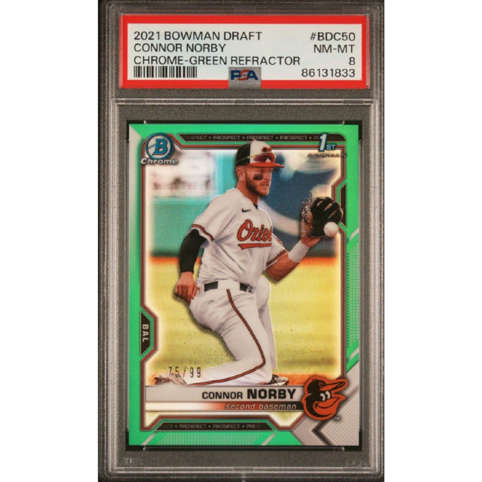 2021 1st Bowman Chrome Connor Norby Green Refractor rookie card /99 PSA front view