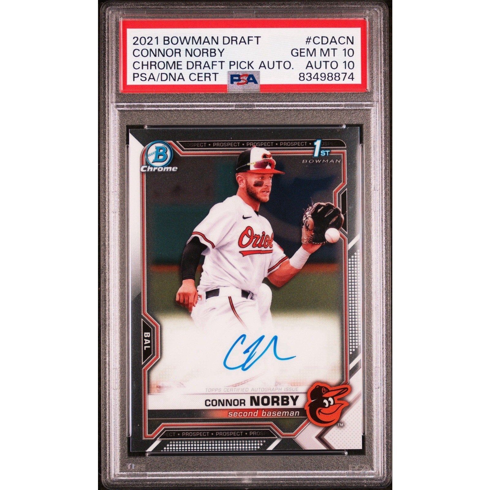 2021 Bowman Draft Connor Norby 1st Bowman Chrome Auto PSA DNA 10 rookie card front
