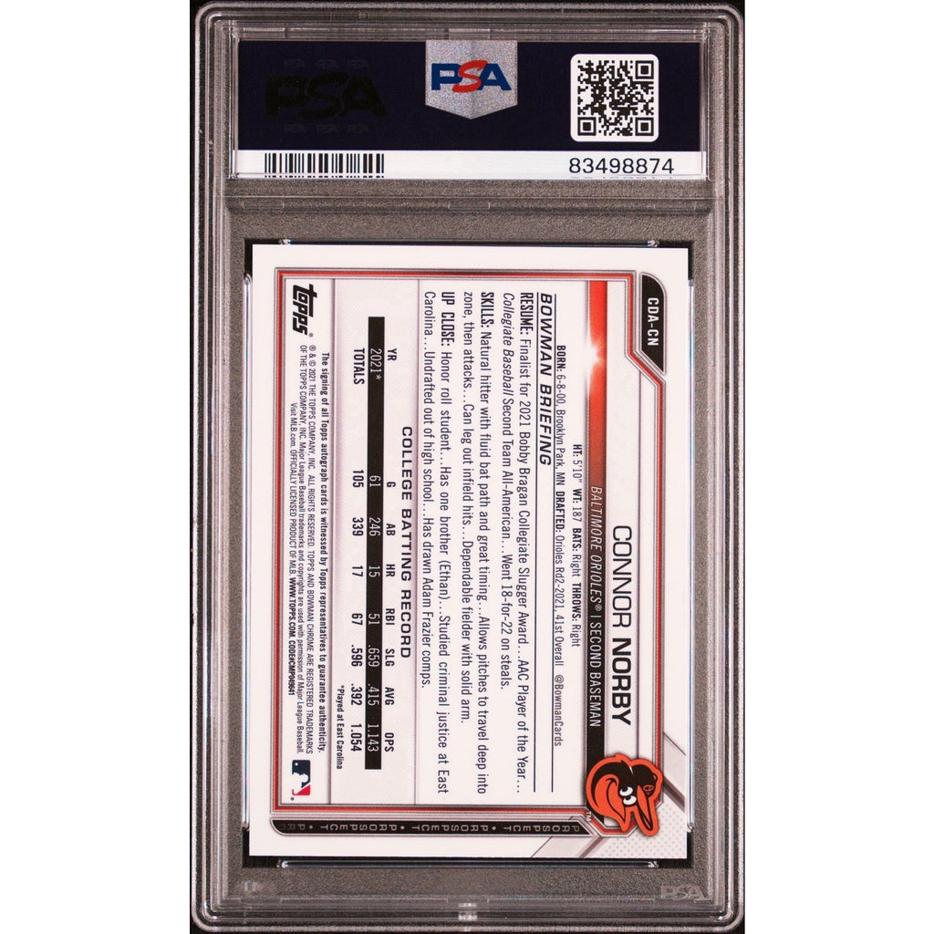 Back of 2021 Bowman Draft Connor Norby rookie autograph PSA DNA 10 card
