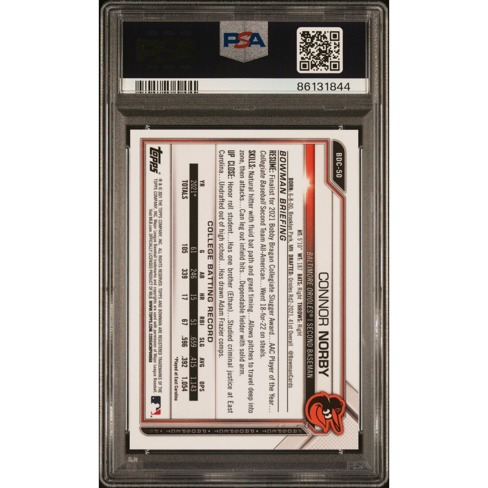 Back view of 2021 Bowman Draft Chrome Connor Norby Aqua Lava Refractor /199 PSA 10 card