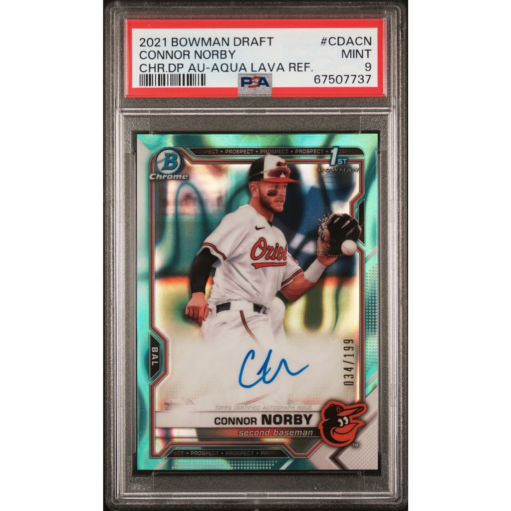 2021 1st Bowman Draft Chrome Connor Norby Aqua Refractor auto rookie card PSA 9 front view