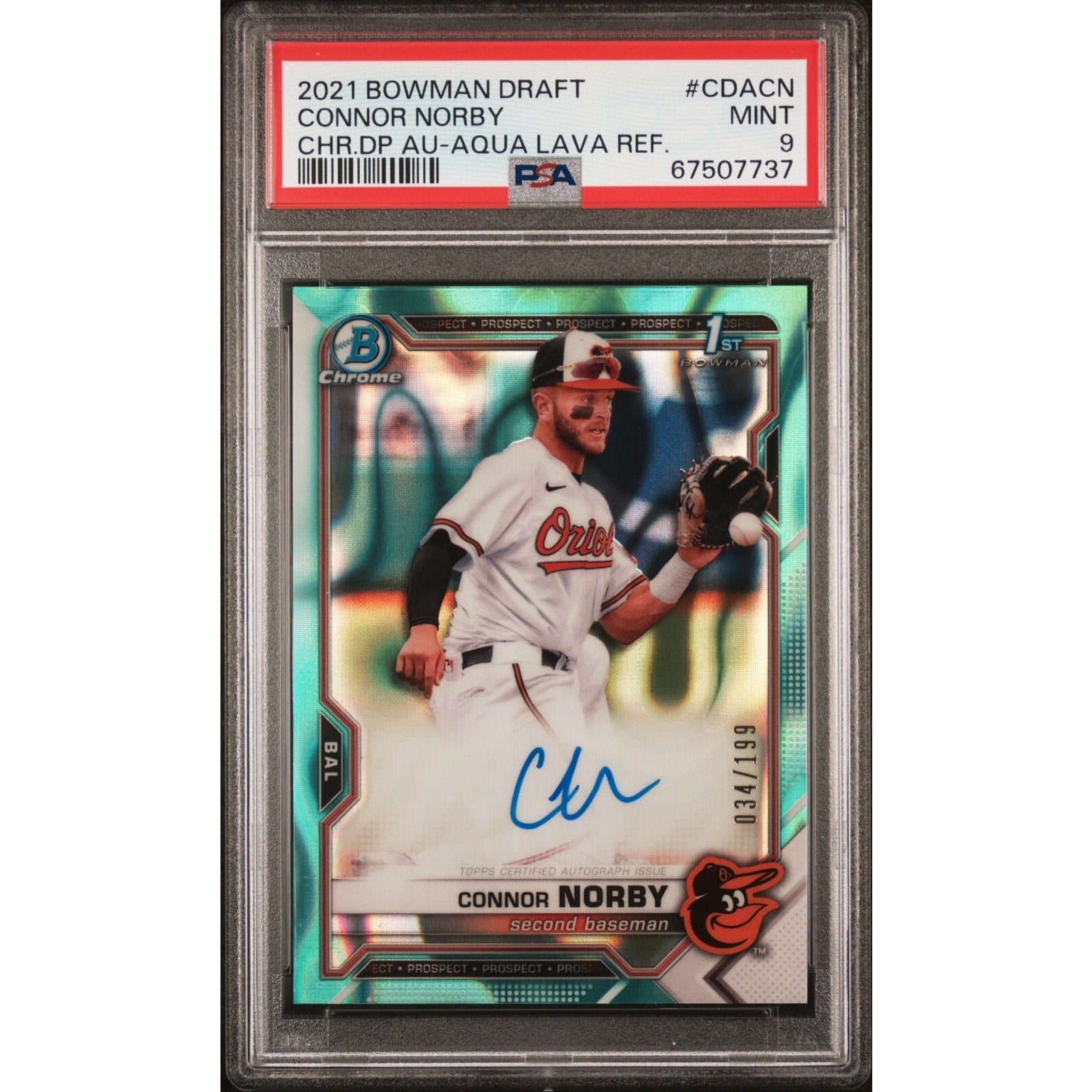 2021 1st Bowman Draft Chrome Connor Norby Aqua Refractor auto rookie card PSA 9 front view
