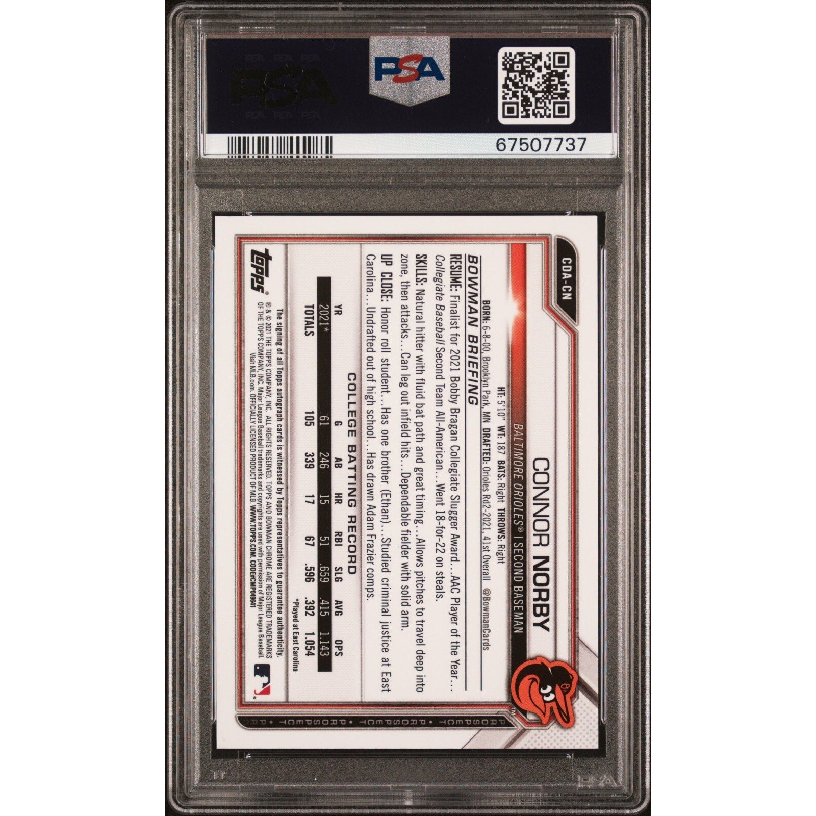 Back view of 2021 Bowman Draft Chrome Connor Norby Aqua Refractor autograph card /199 PSA 9