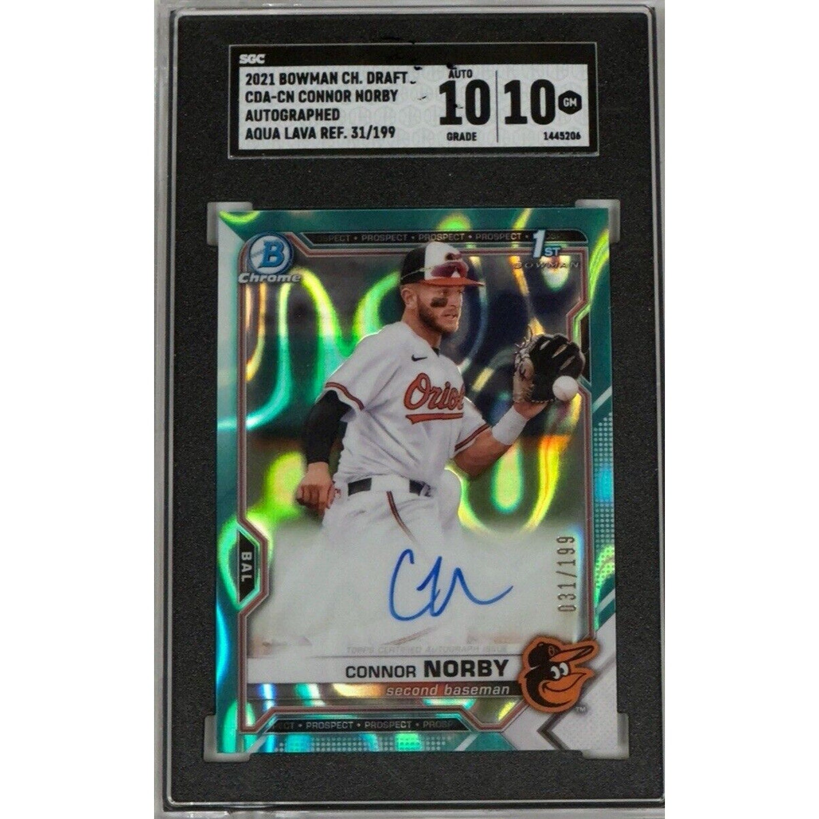 2021 Bowman Draft Chrome Connor Norby Aqua Refractor autograph SGC 10 card front view