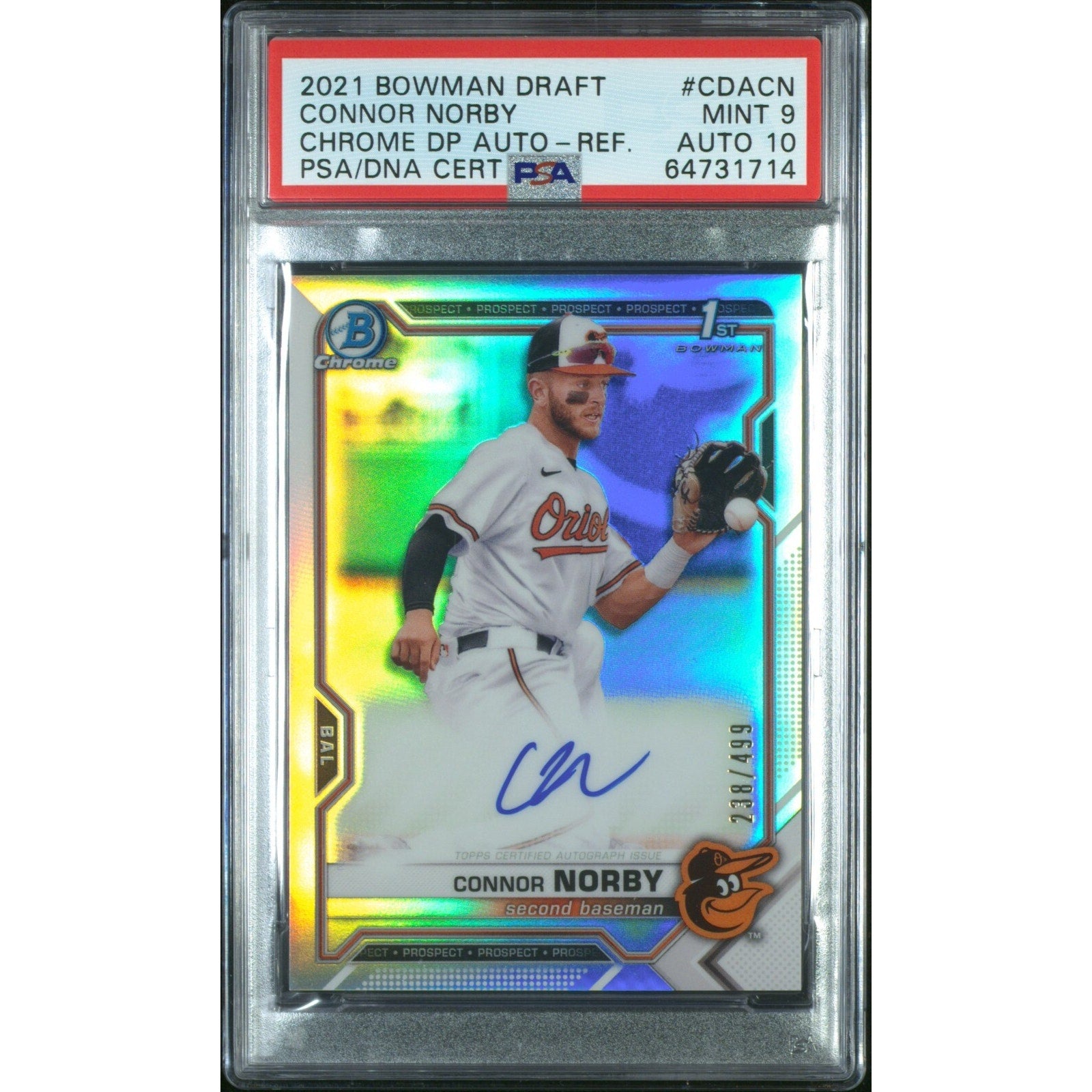 2021 Bowman Draft Chrome Connor Norby refractor autograph rookie card PSA 9 Auto 10 front view