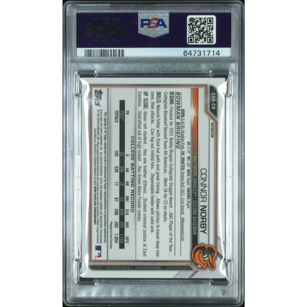 Back of PSA graded Connor Norby Bowman Draft Chrome refractor autograph card