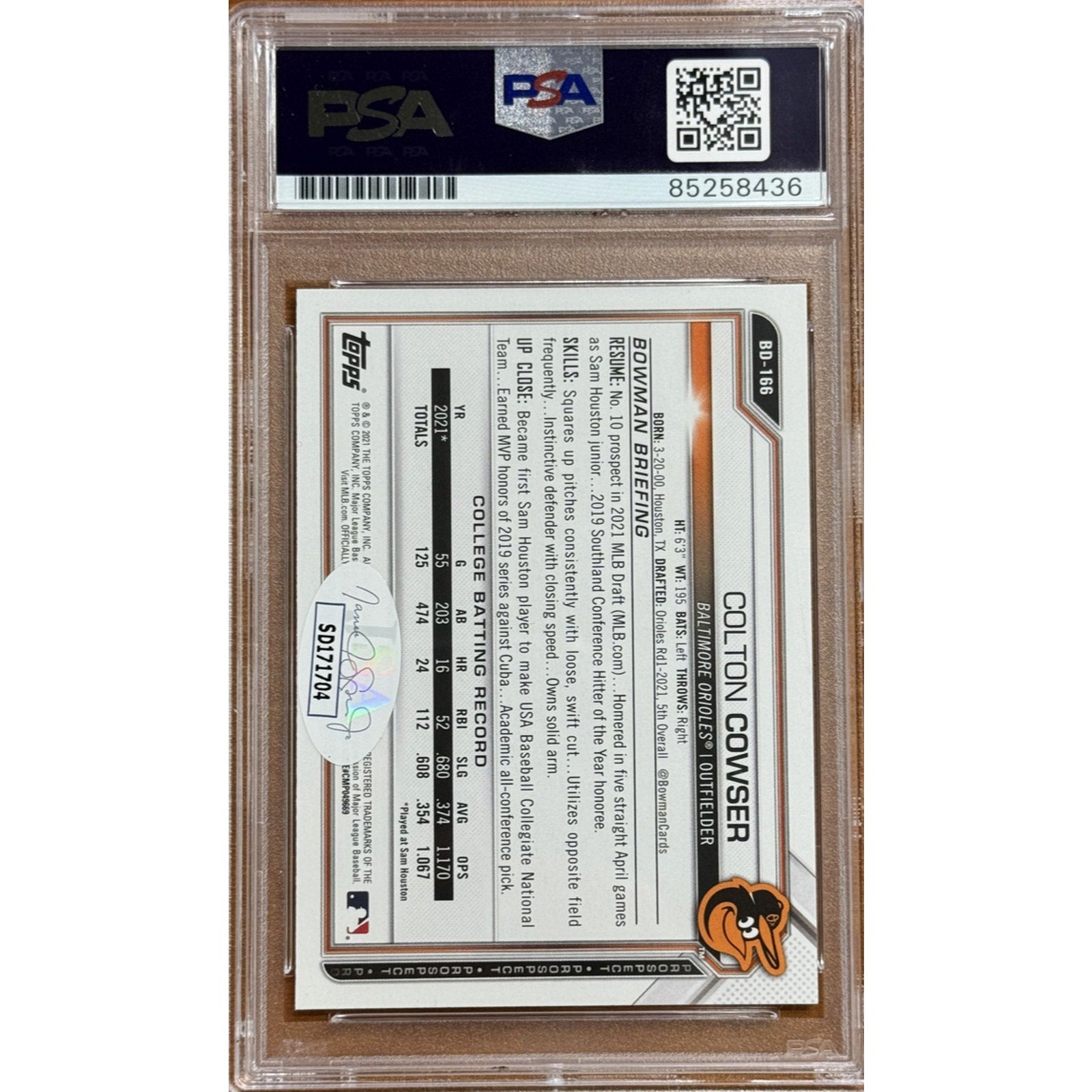 Back view of Colton Cowser 2021 Bowman Draft rookie autograph PSA slab