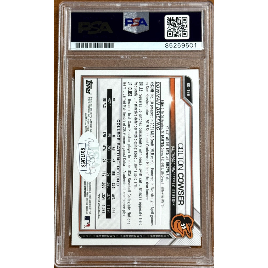 Back view of 2021 Bowman Draft Colton Cowser autograph rookie card BD168 PSA DNA authenticated