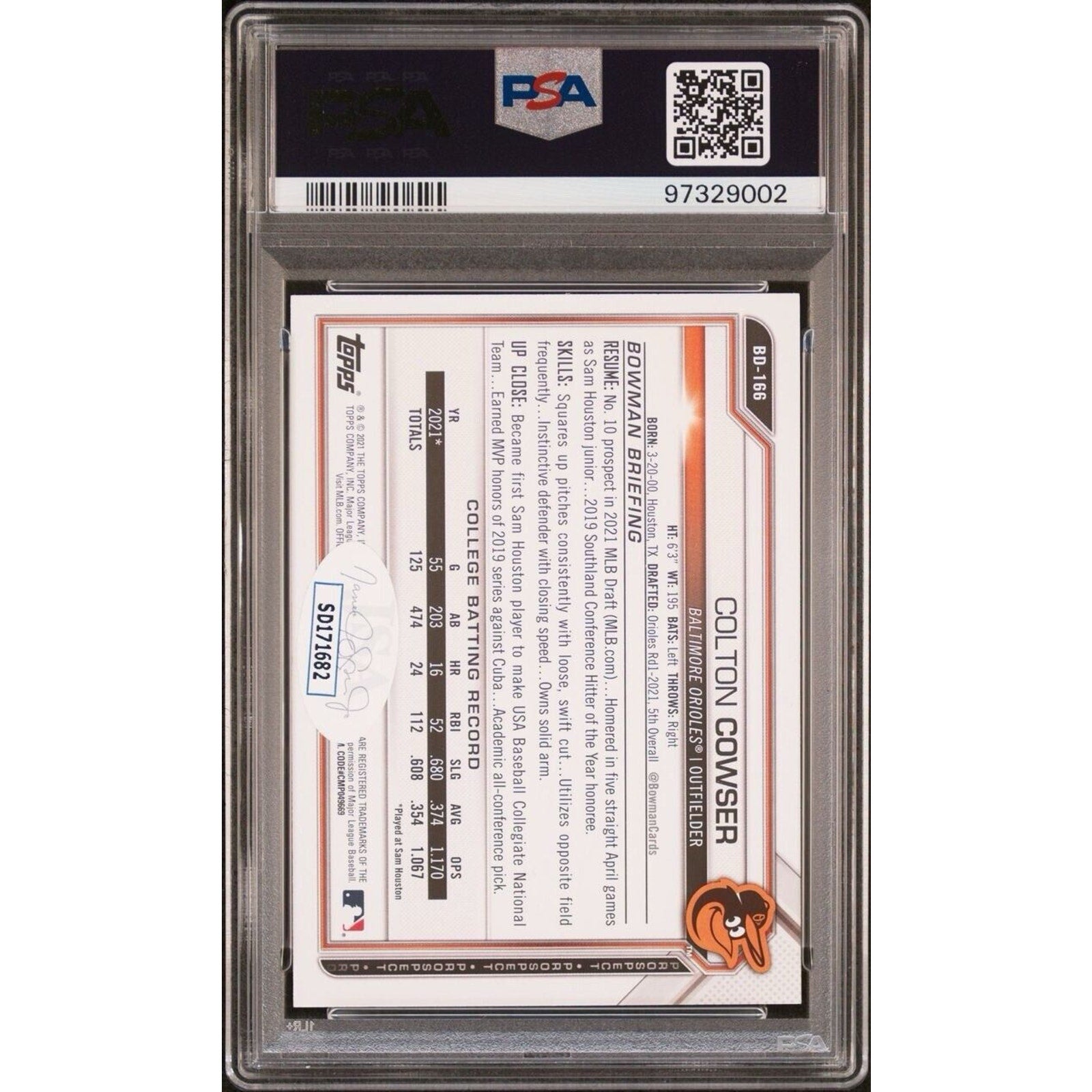 Back view of 2021 Bowman Draft Colton Cowser rookie autograph PSA card