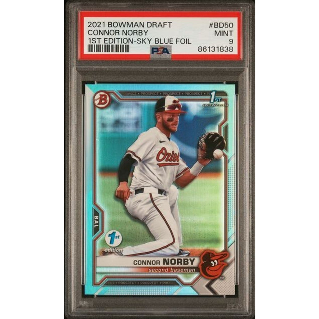 2021 Bowman Draft Connor Norby 1st Edition Sky Blue Foil PSA 9 rookie card front view