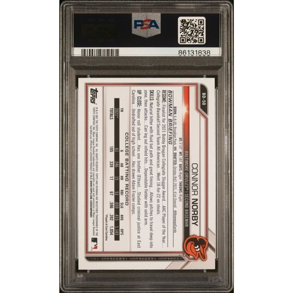Back of PSA graded Connor Norby Bowman Draft Sky Blue Foil baseball card