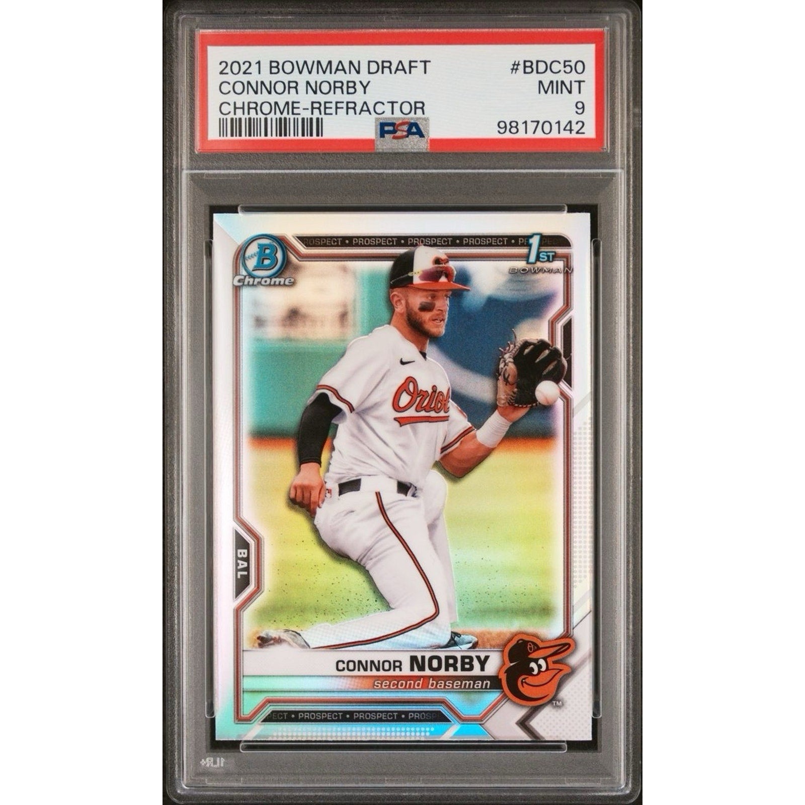 2021 Bowman Draft Connor Norby Chrome Refractor PSA 9 rookie baseball card Baltimore Orioles