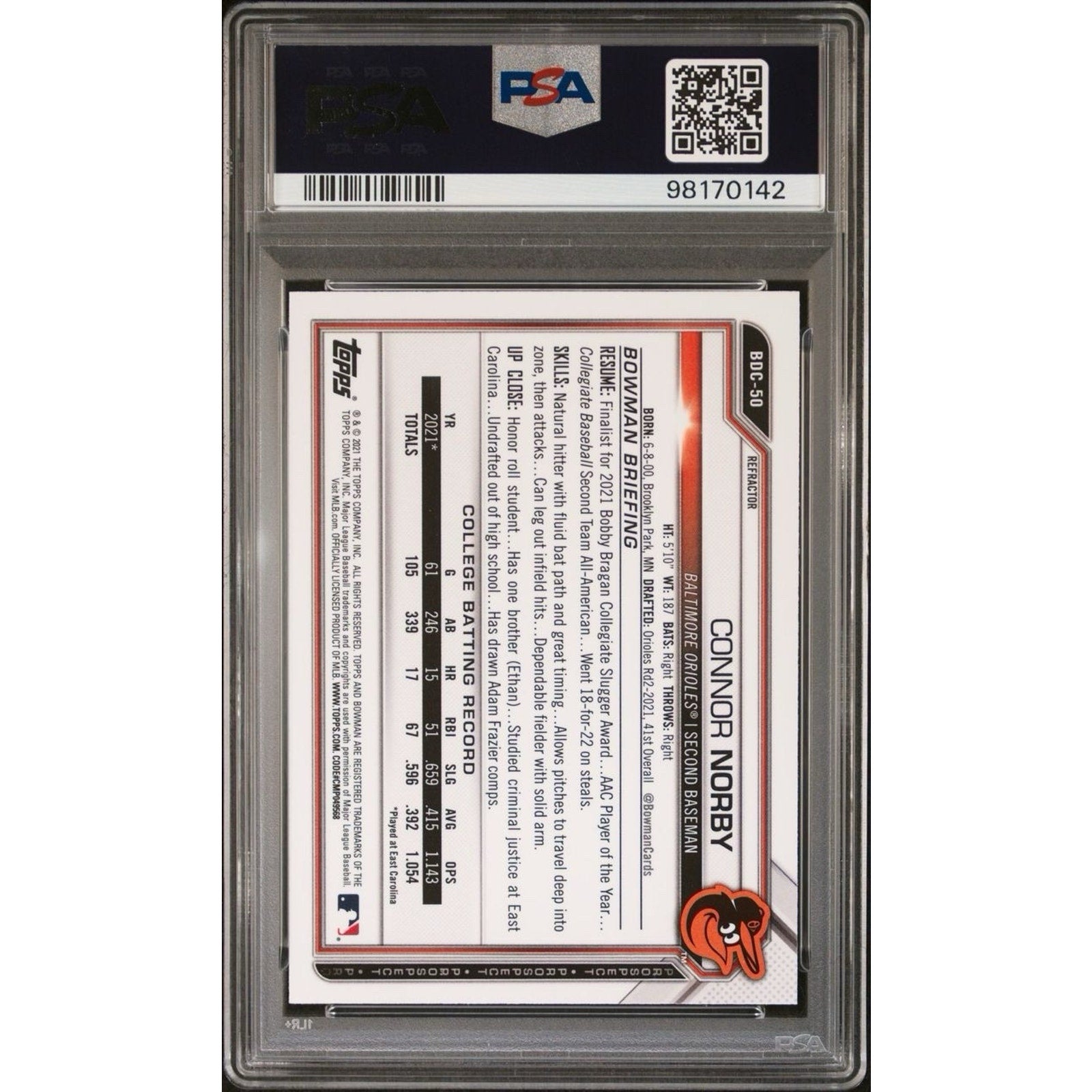 Back of 2021 Bowman Draft Connor Norby Chrome Refractor PSA 9 card holder