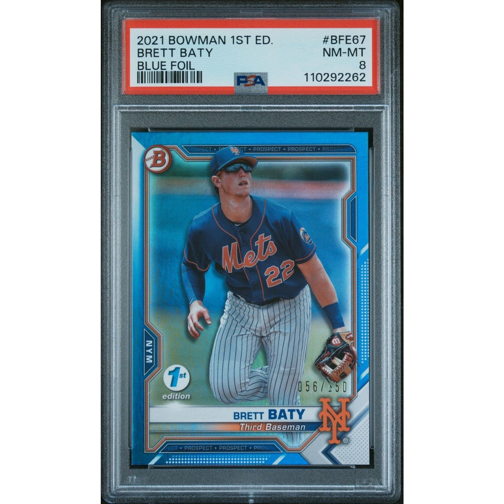 2021 Bowman 1st Edition Brett Baty Blue Foil PSA 8 Mets card front