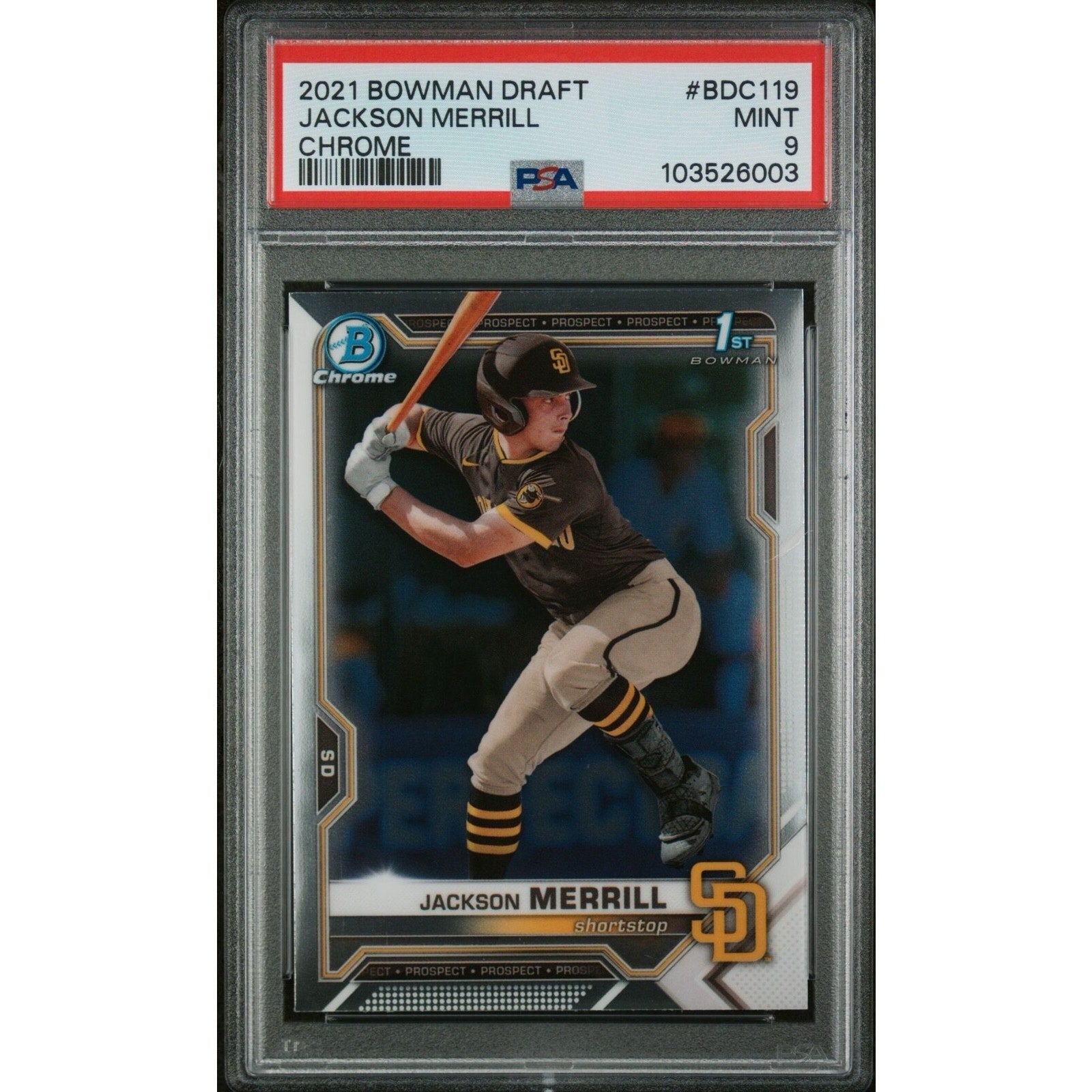 2021 Bowman Draft Chrome Jackson Merrill rookie card #BDC-119 PSA 9 Mint San Diego Padres baseball card front view